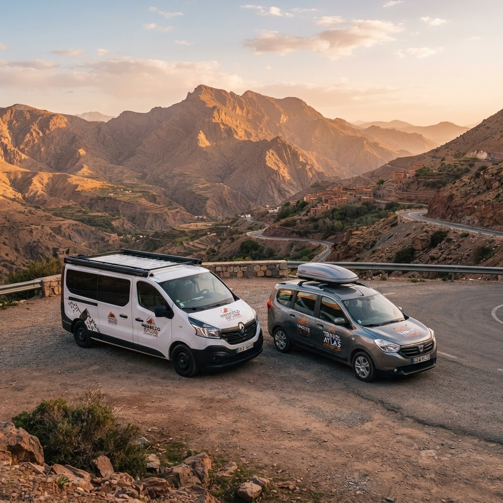 AKRAM TOURS vehicles parked on a scenic Moroccan road